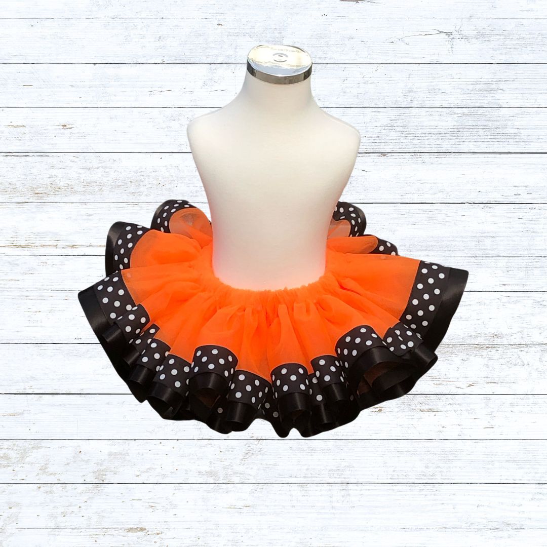 Ribbon trim tutu- orange tulle black and polka dot ribbon