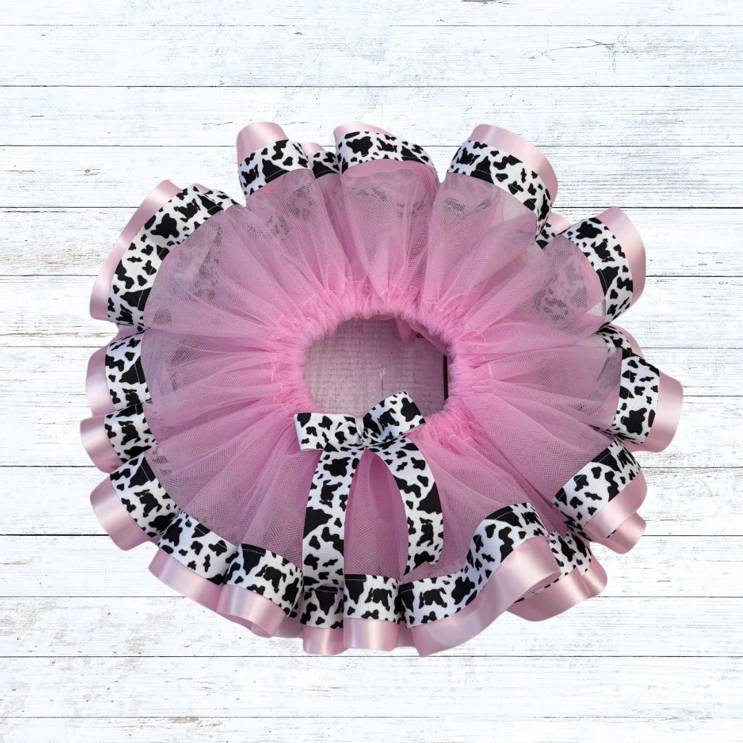  Ribbon trim tutu-pink tulle pink cow print ribbon