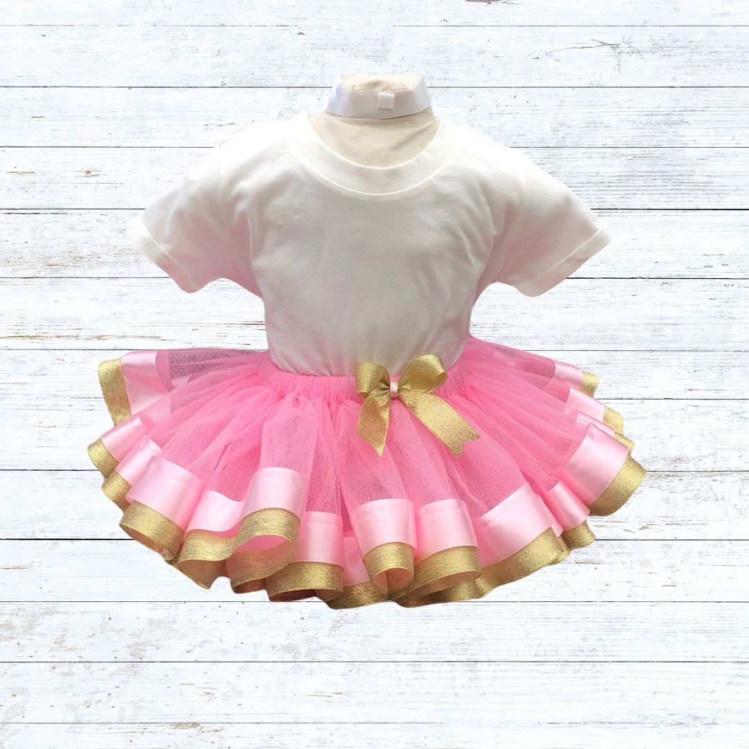  Ribbon trim tutu- pink tulle pink gold ribbon