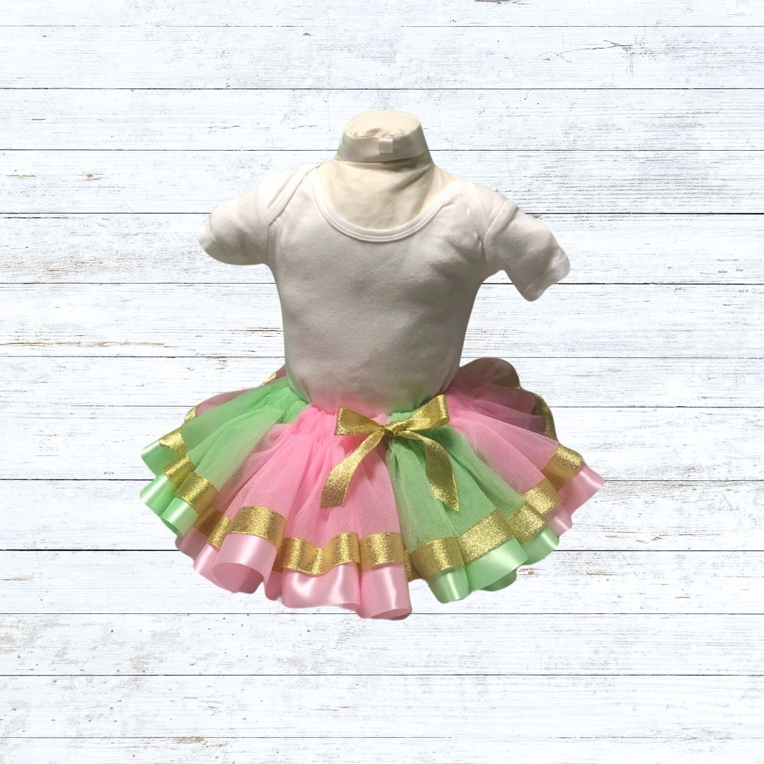 Ribbon trim tutu-pink mint tulle gold pink mint ribbon