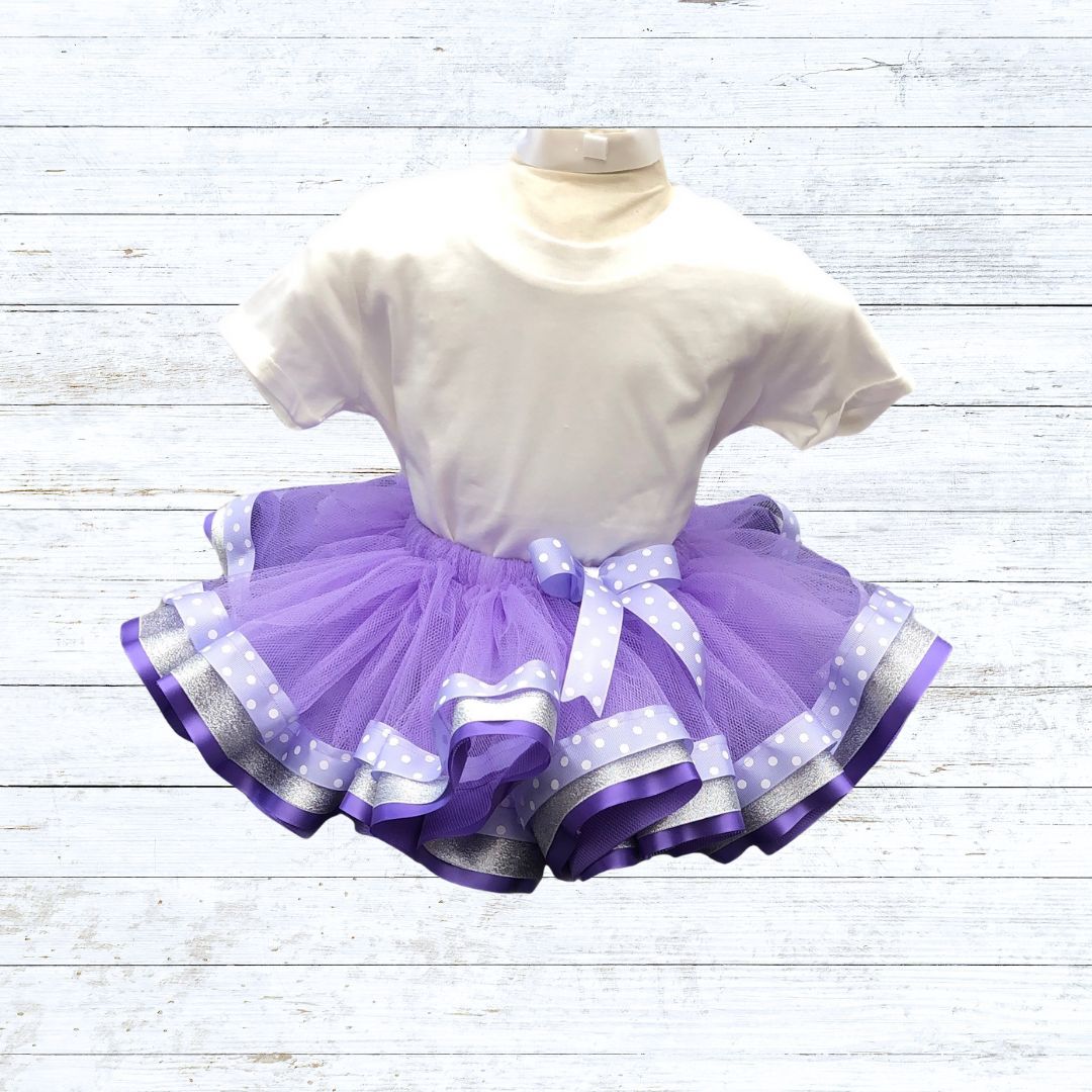 Ribbon trim tutu-purple tulle silver dk purple and purple polka dot ribbon