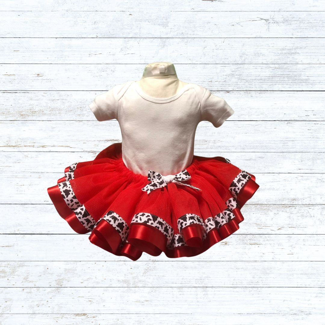 Ribbon trim tutu-red tulle cow print and red ribbon