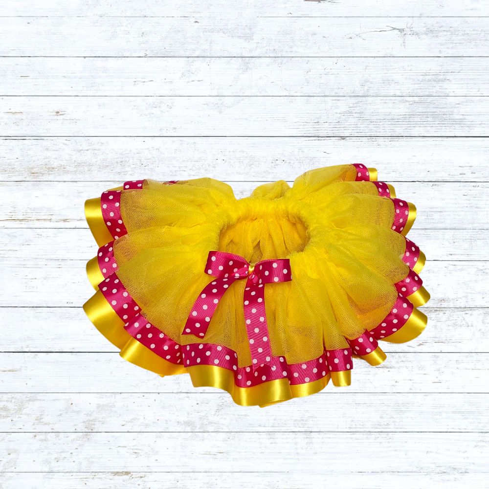  Ribbon trim tutu- yellow tulle pink and yellow ribbon