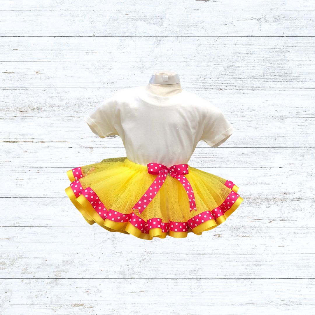 Ribbon trim tutu- yellow tulle pink and yellow ribbon