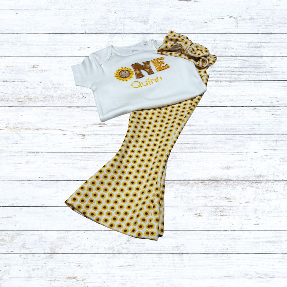 Girls Sunflower bell bottom birthday outfit
