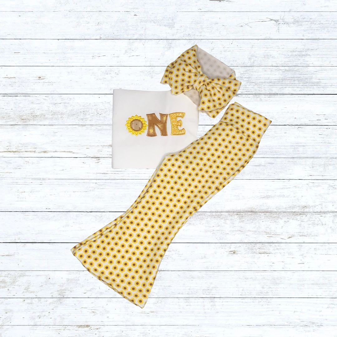 Girls Sunflower bell bottom birthday outfit