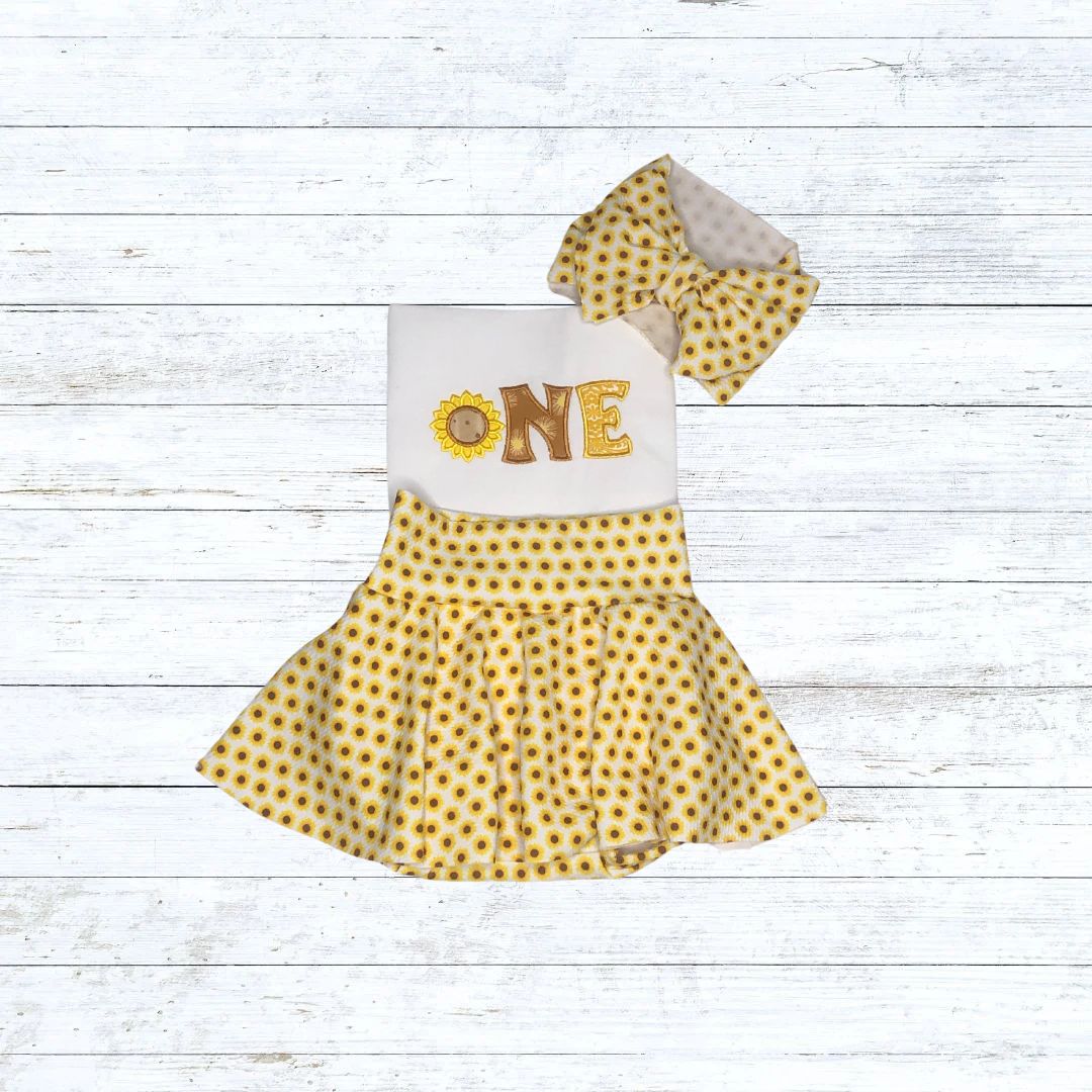Girls sunflower Skirted bummies birthday outfit
