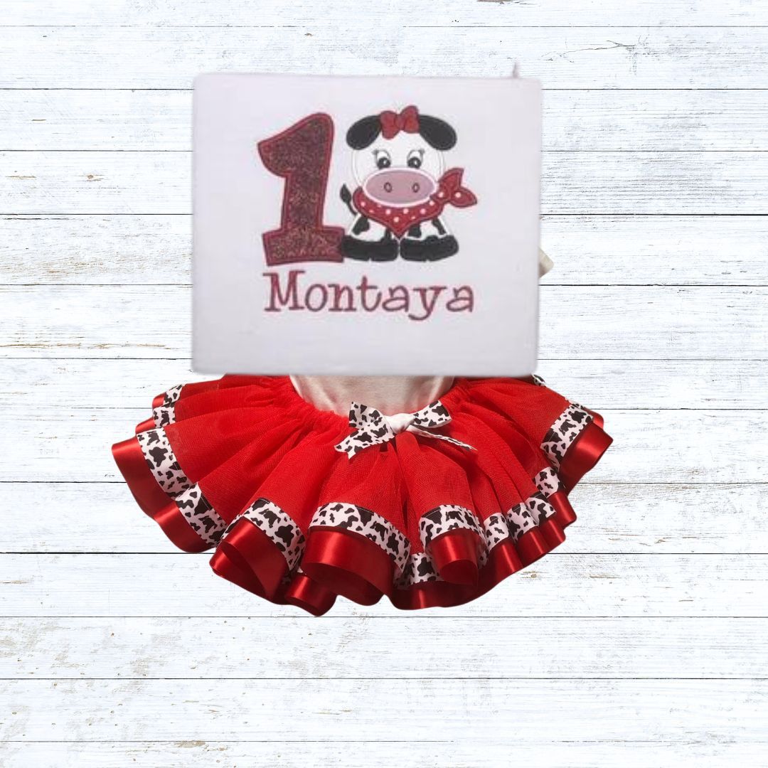Personalised girls cow birthday outfit - red