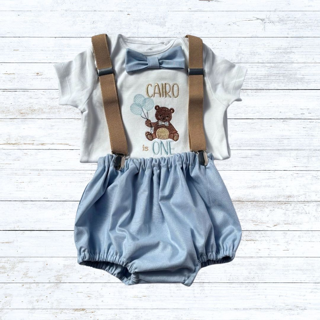 Boys bear birthday outfit - Blue balloon