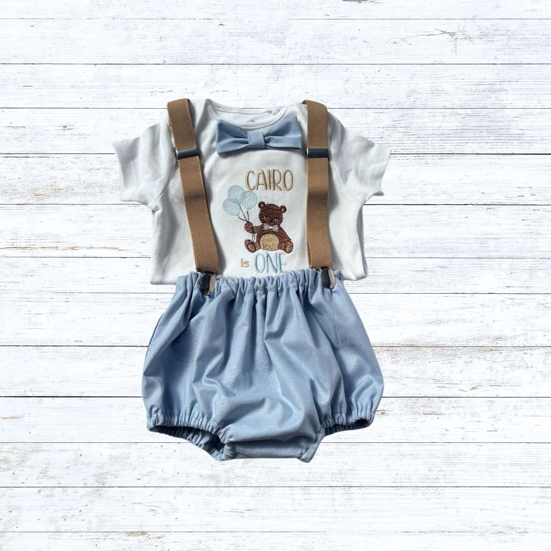 Boys bear birthday outfit - Blue balloon