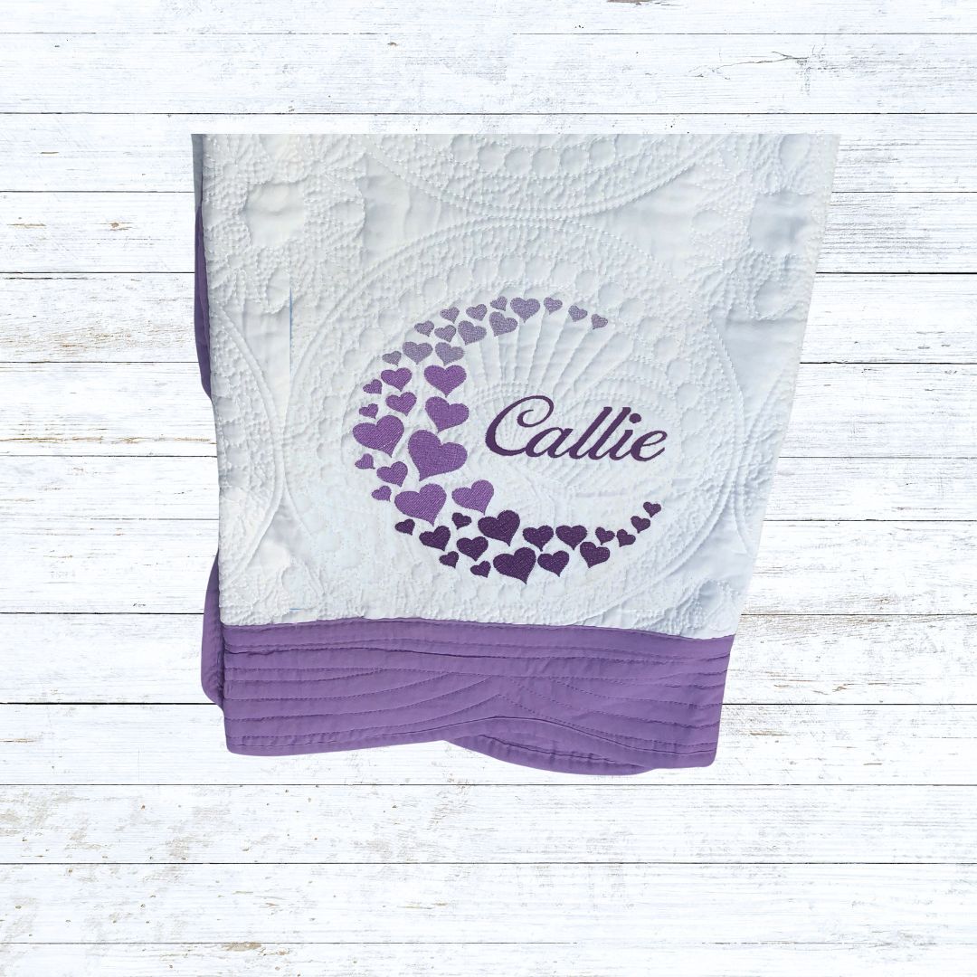 Personalised embroiderd  baby quilt purple border