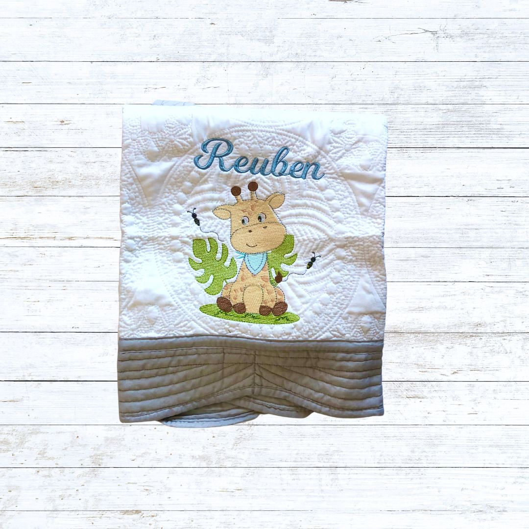 Personalised embroiderd  baby quilt grey border