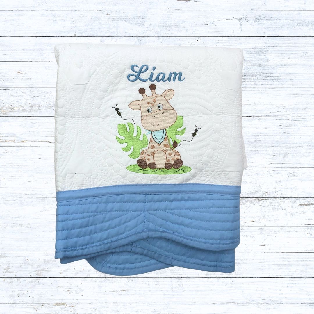 Personalised embroiderd  baby quilt light blue  border