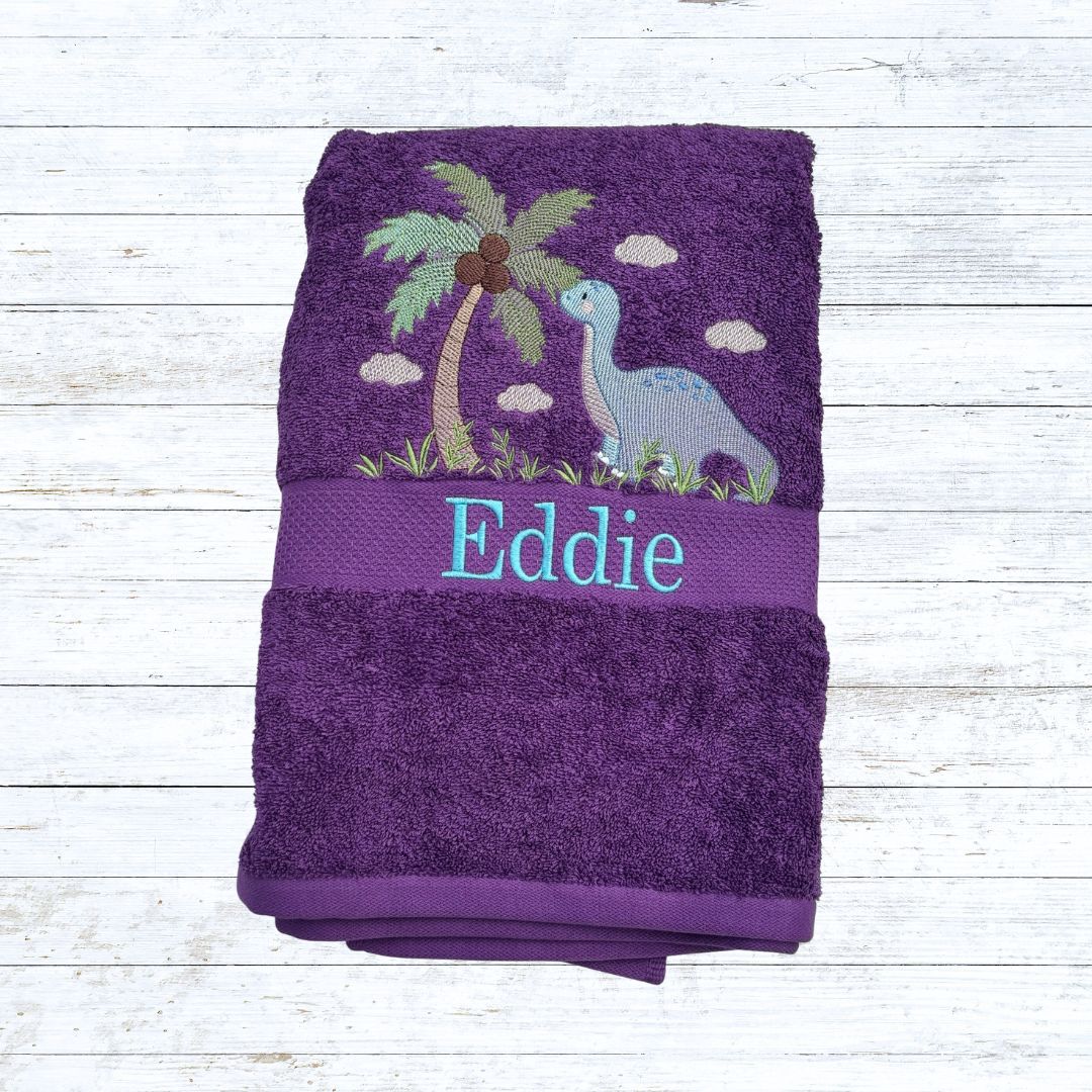 Personalised embroidered boy dinosaur bath towels for kids
