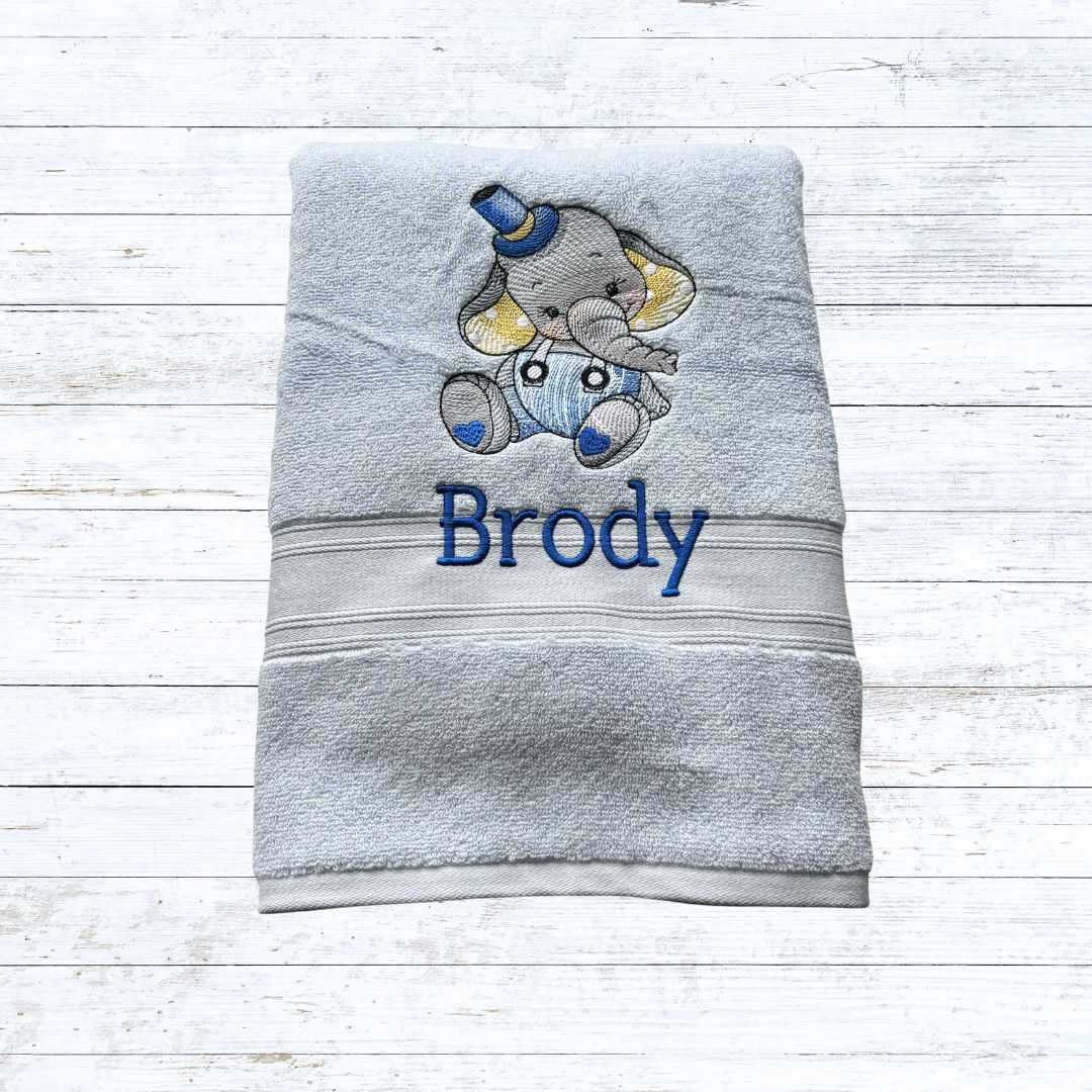 Personalised embroidered boy elephant bath towels for kids