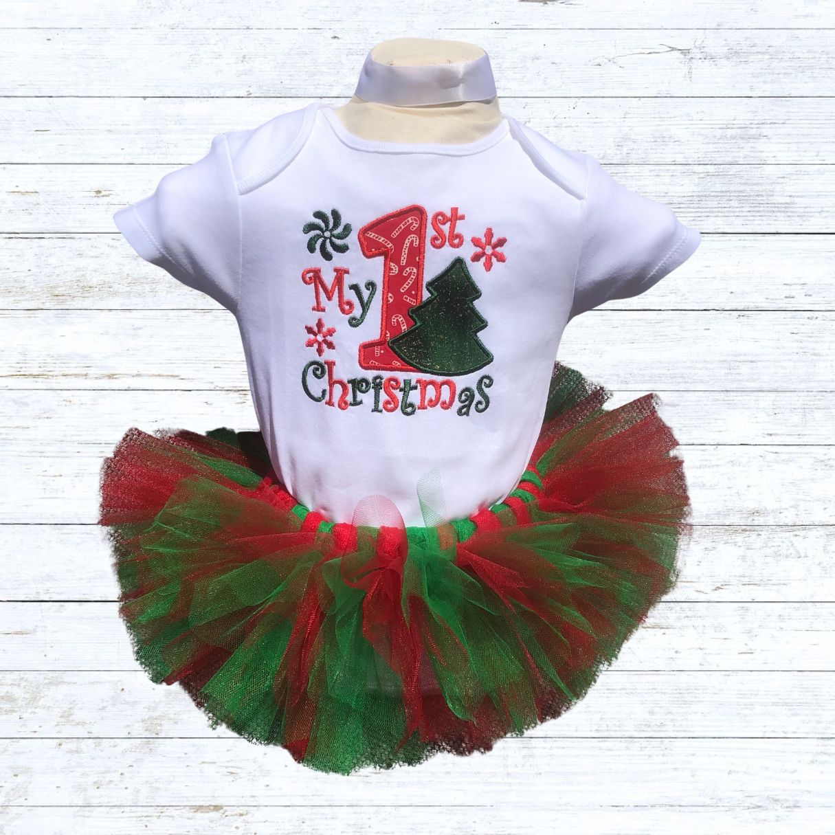Girls christmas tutu outfit - red/green Tree my first christmas