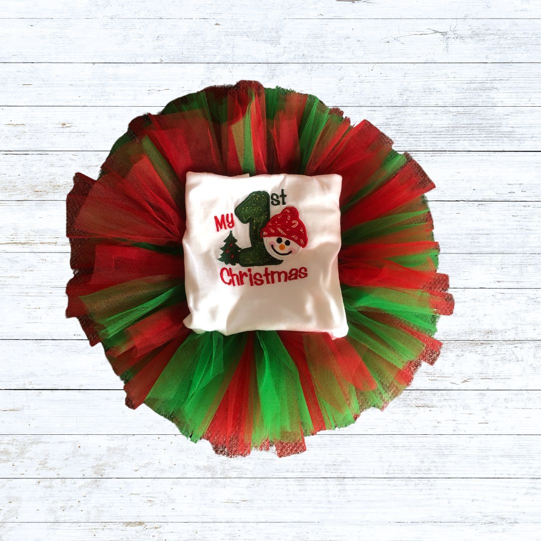 Girls christmas tutu outfit - red/green Snowman my first christmas