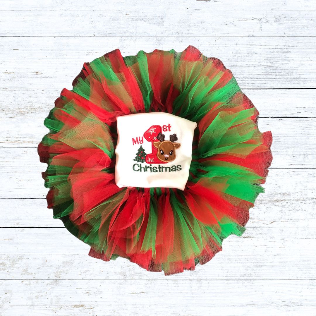 Girls christmas tutu outfit - red/green reindeer my first christmas