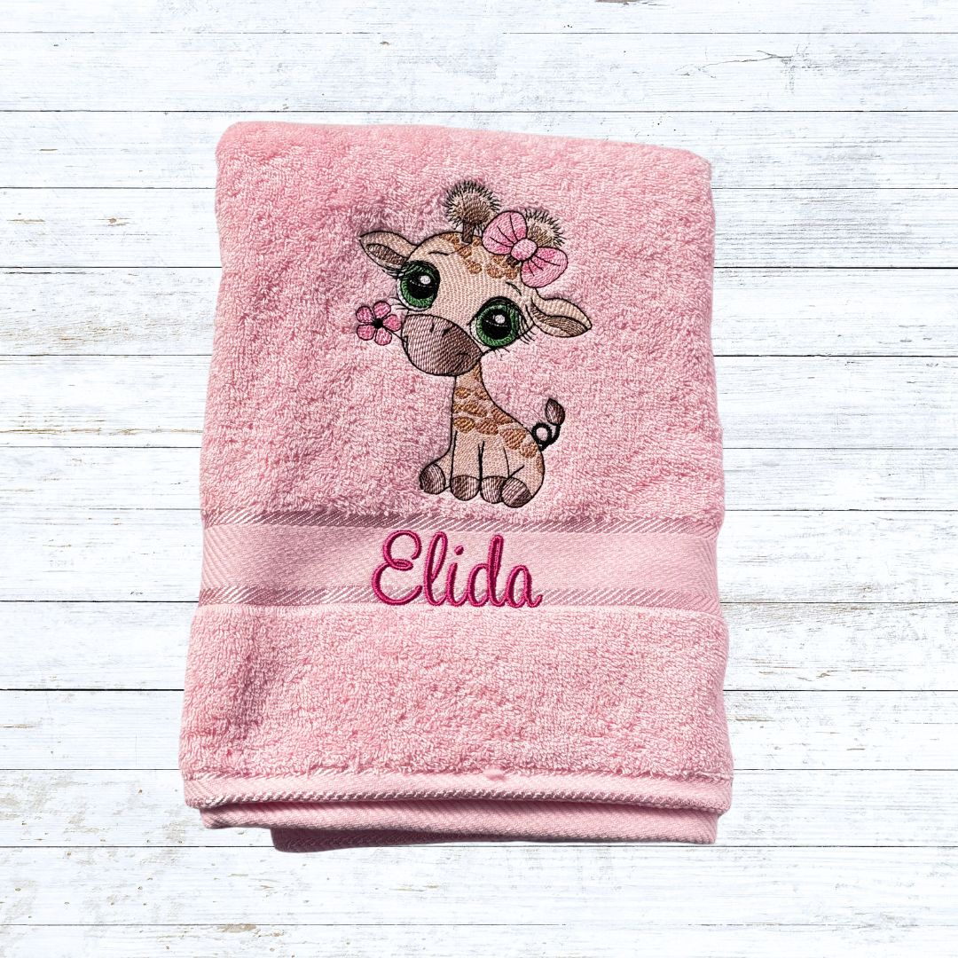 Personalised embroidered girl giraffe bath towels for kids