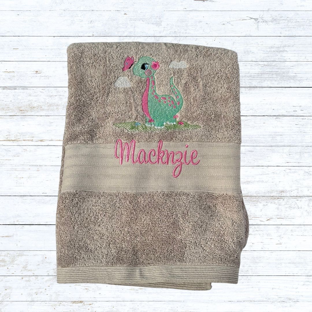 Personalised embroidered girl dinosaur bath towels for kids