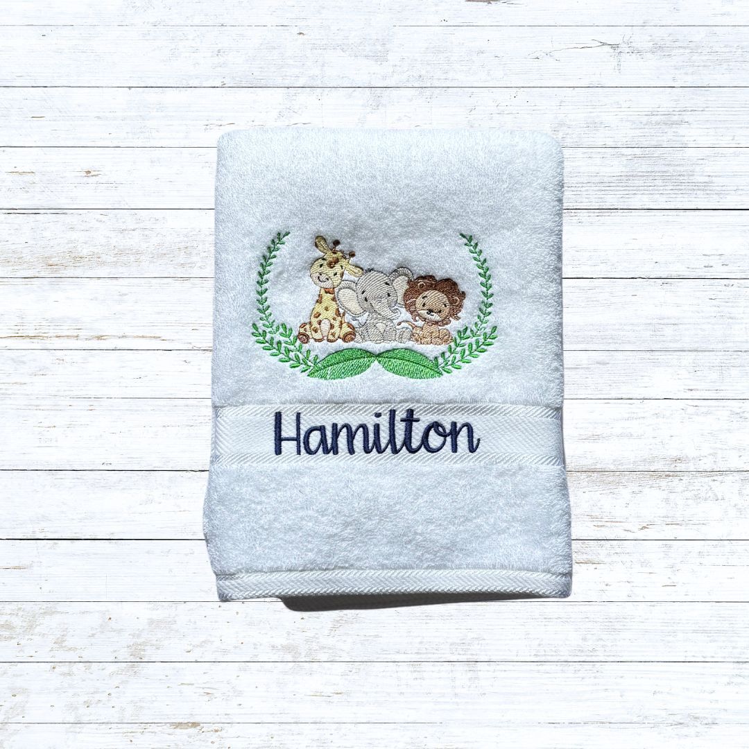 Personalised embroidered jungle friends bath towels for kids