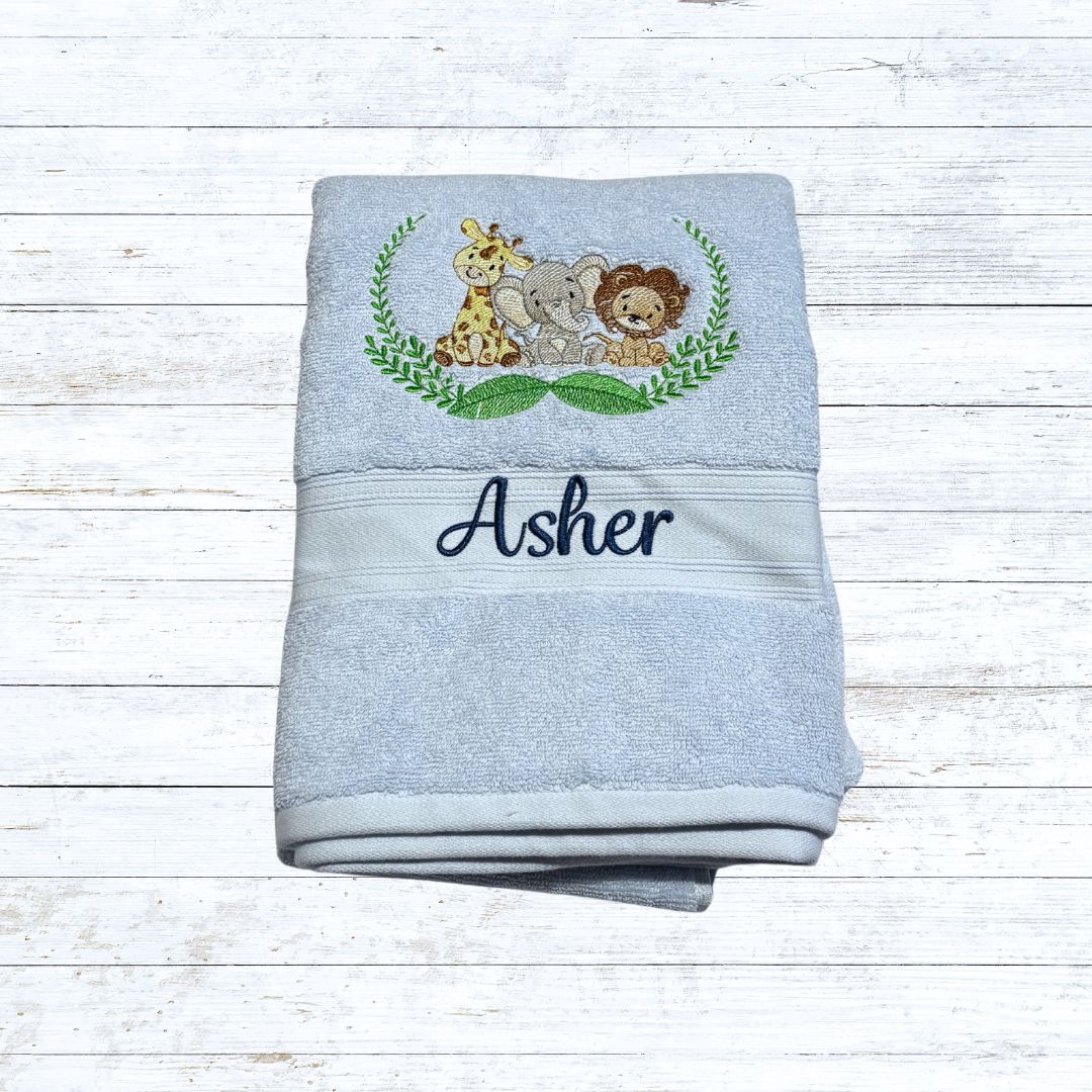 Personalised embroidered jungle friends bath towels for kids