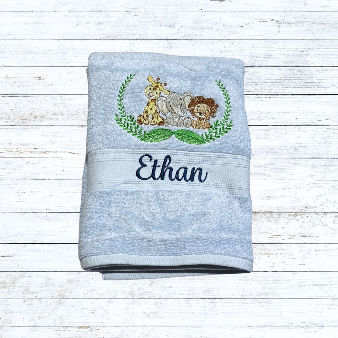 Personalised embroidered jungle friends bath towels for kids