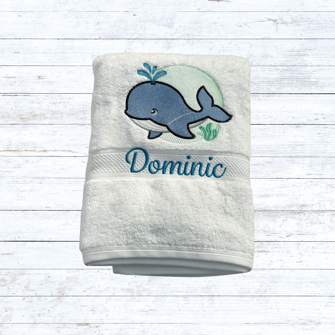 Personalised embroidered whale bath towels for kids