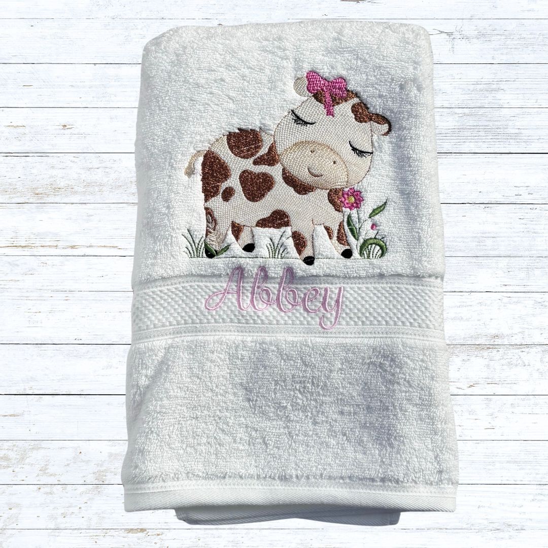 Personalised embroidered cow bath towels for kids
