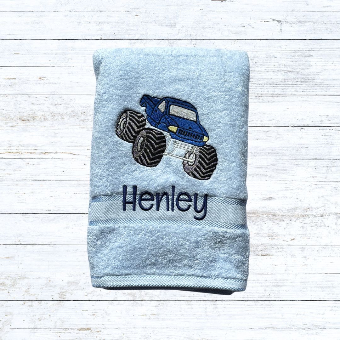 Personalised embroidered bath towels for kids - Monster truck