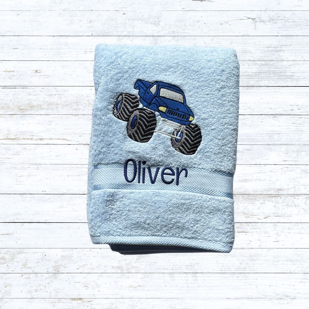 Personalised embroidered bath towels for kids - Monster truck