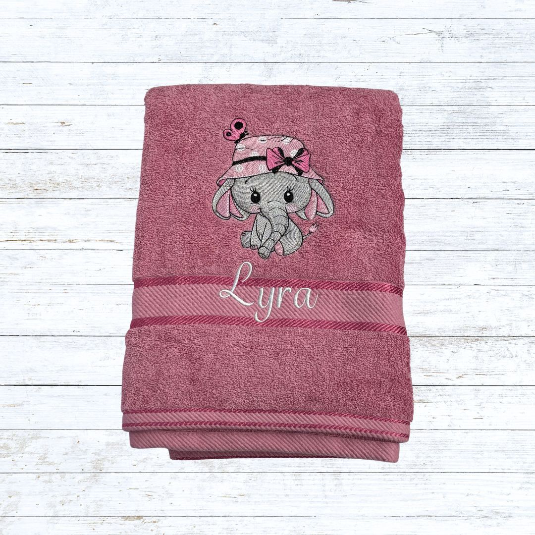 Personalised embroidered bath towels for kids - Elephant in sunhat