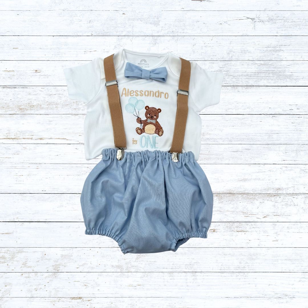 Boys bear birthday outfit - Blue balloon