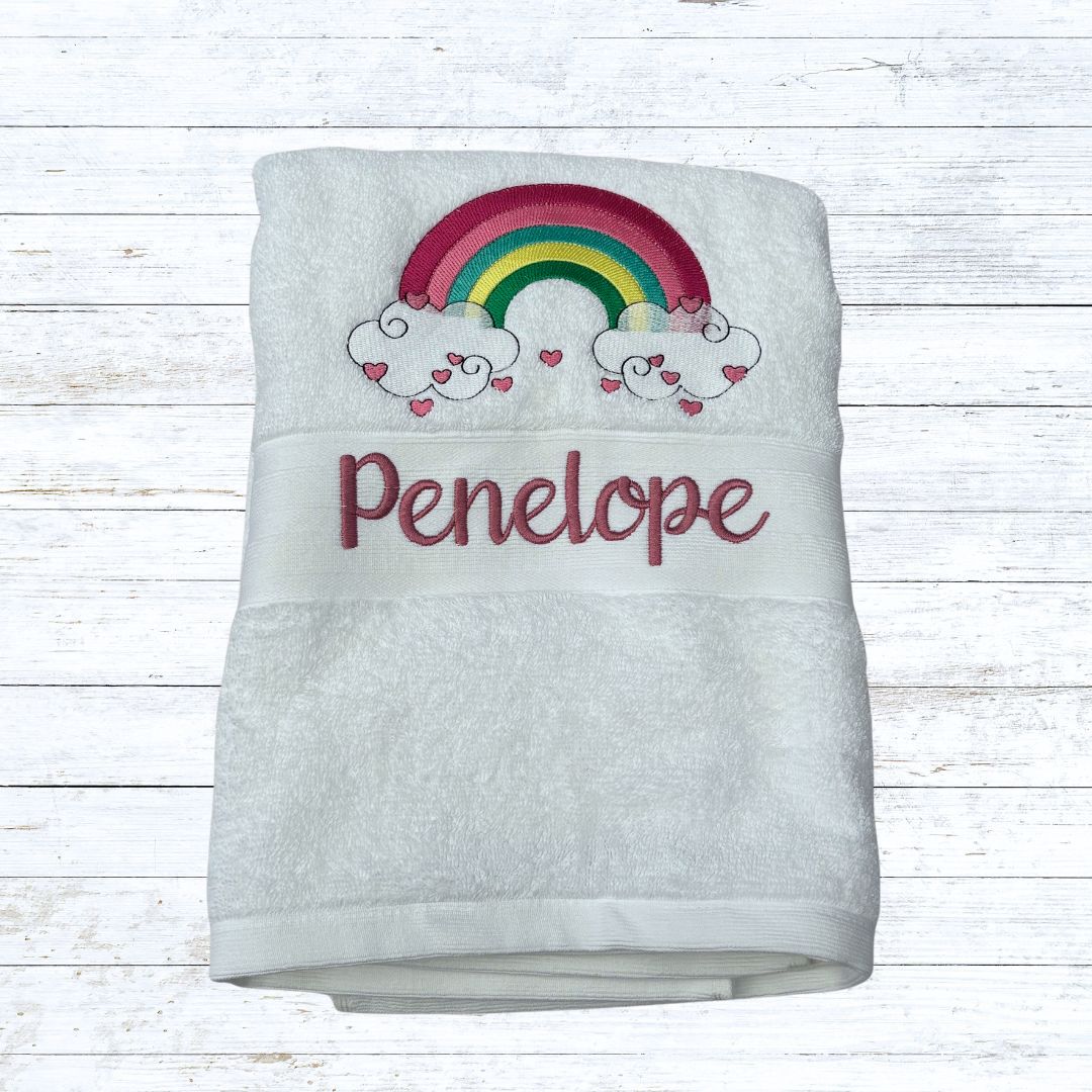 Personalised embroidered rainbow bath towels for kids