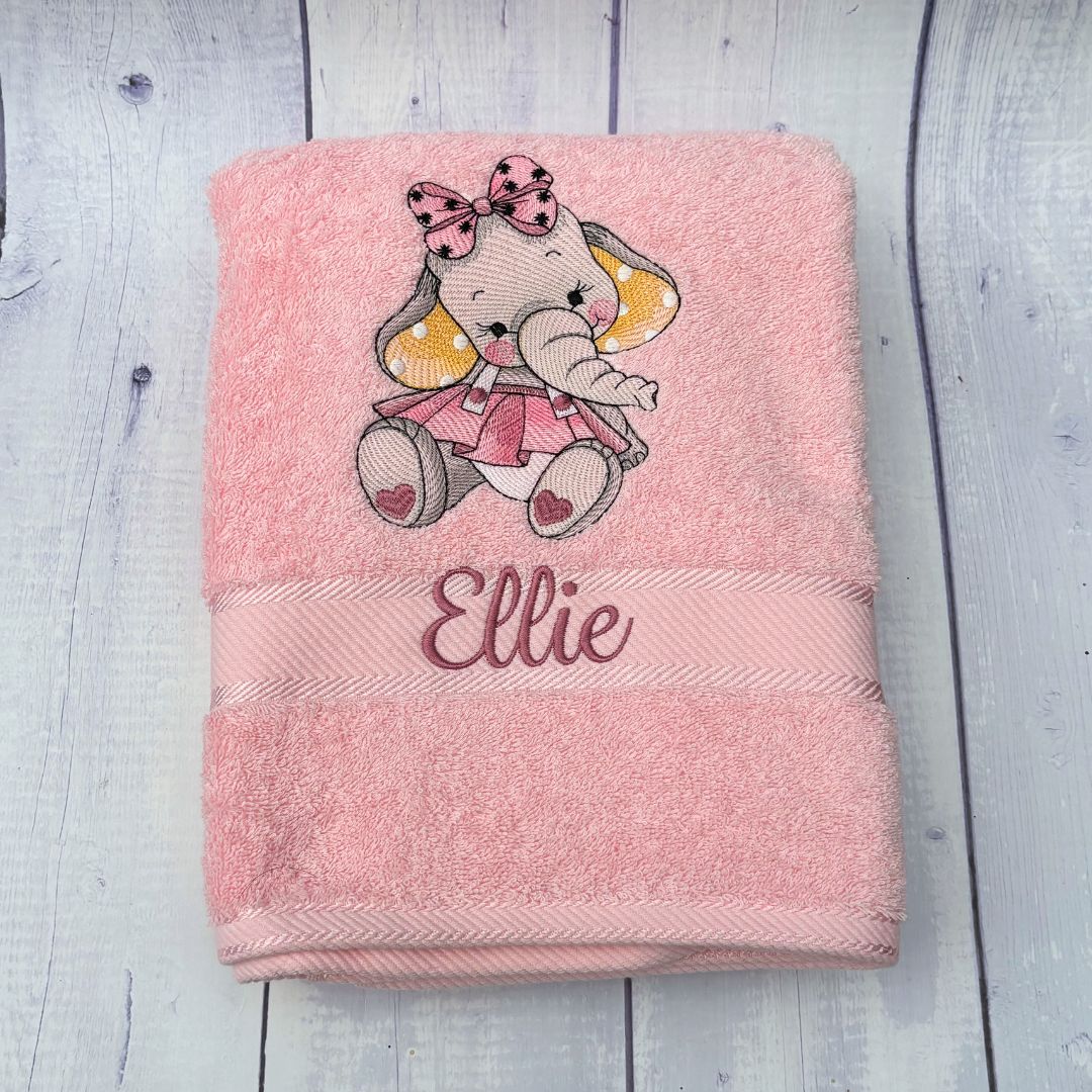 Personalised embroidered girl elephant bath towels for kids