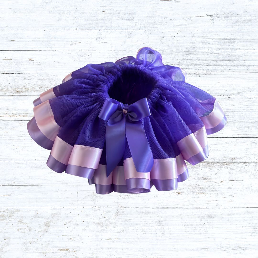  Ribbon trim tutu-purple tulle lilac pink ribbon
