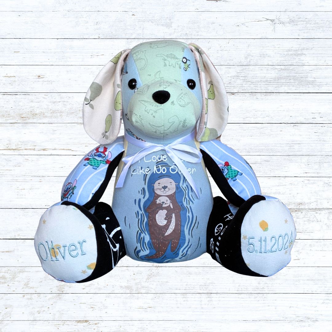 Memory bear made from baby clothing - Kip the dog