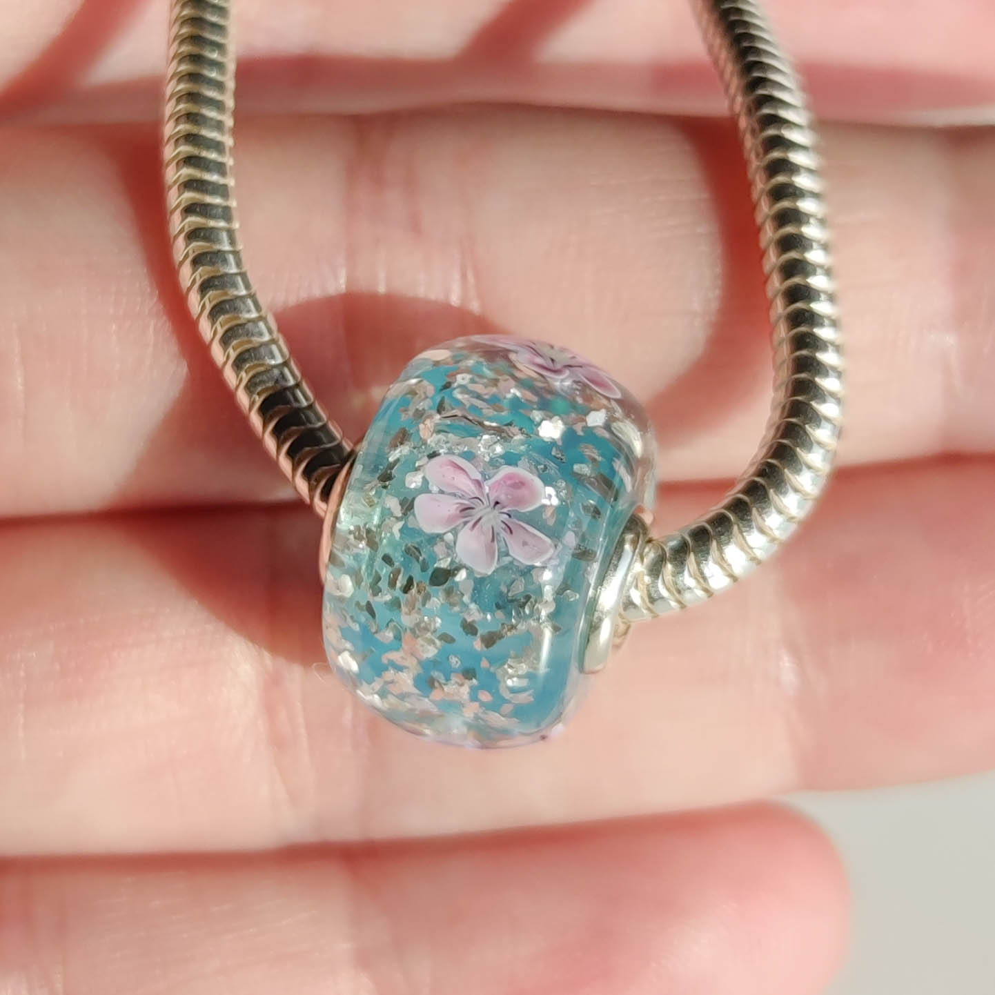 Sakura on blue, silver flakes