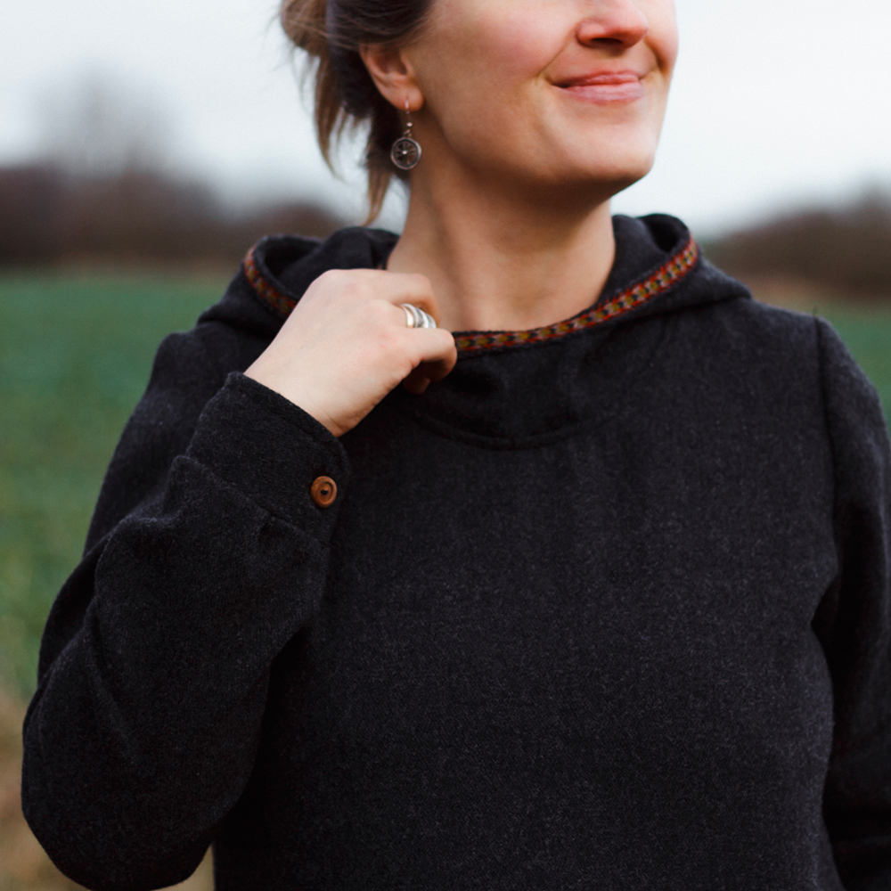 Woolen hoodie with woven decorative bands