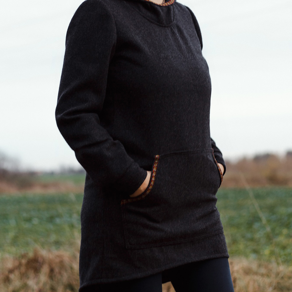 Woolen hoodie with woven decorative bands