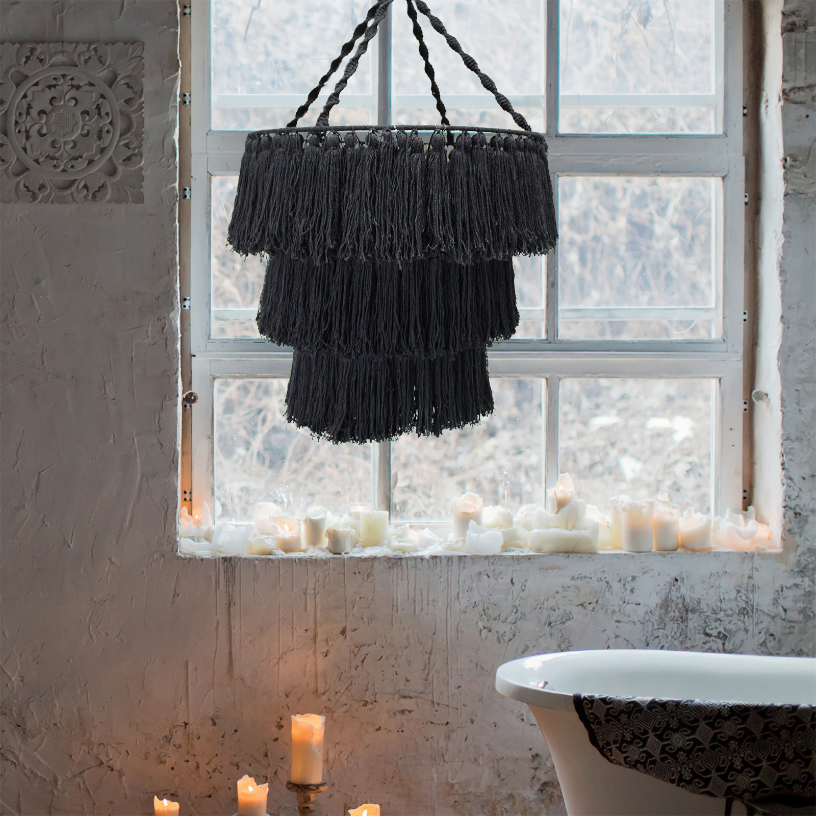 Lustre cascade en macramé - noir