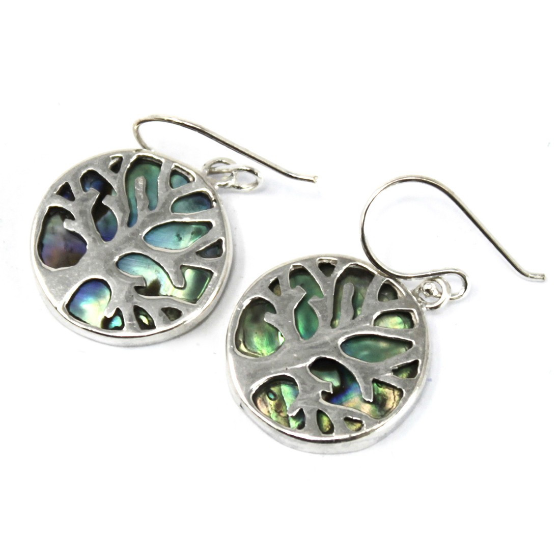 Boucles d'oreilles en argent 925 - arbre de vie coquillage nacré bleu vert