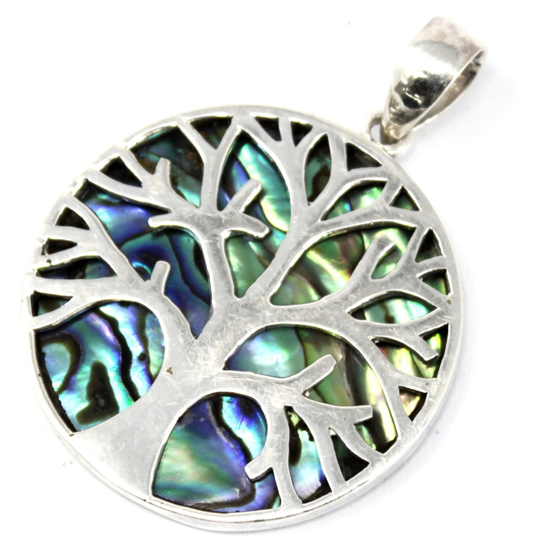 Pendentif en argent 925 - arbre de vie nacré vert bleu - 30 mm