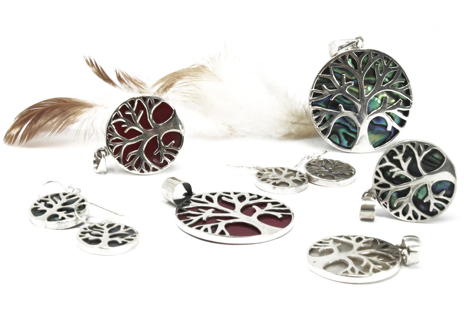 Pendentif en argent 925 - arbre de vie nacré vert bleu  - 30 mm