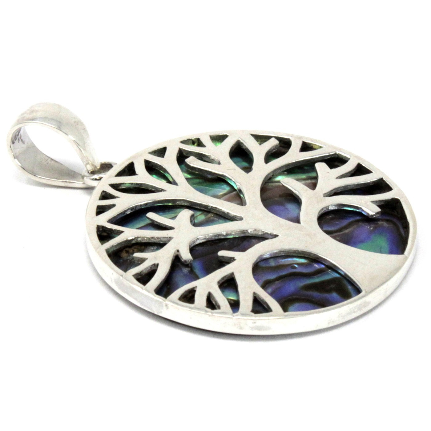 Pendentif en argent 925 - arbre de vie nacré vert bleu  - 30 mm