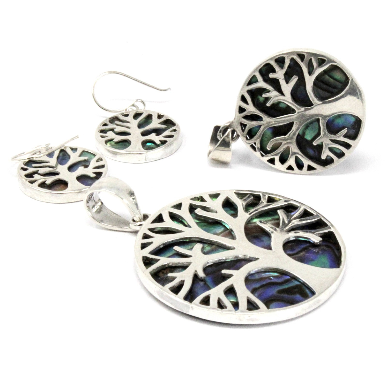 Pendentif en argent 925 - arbre de vie nacré vert bleu  - 22 mm