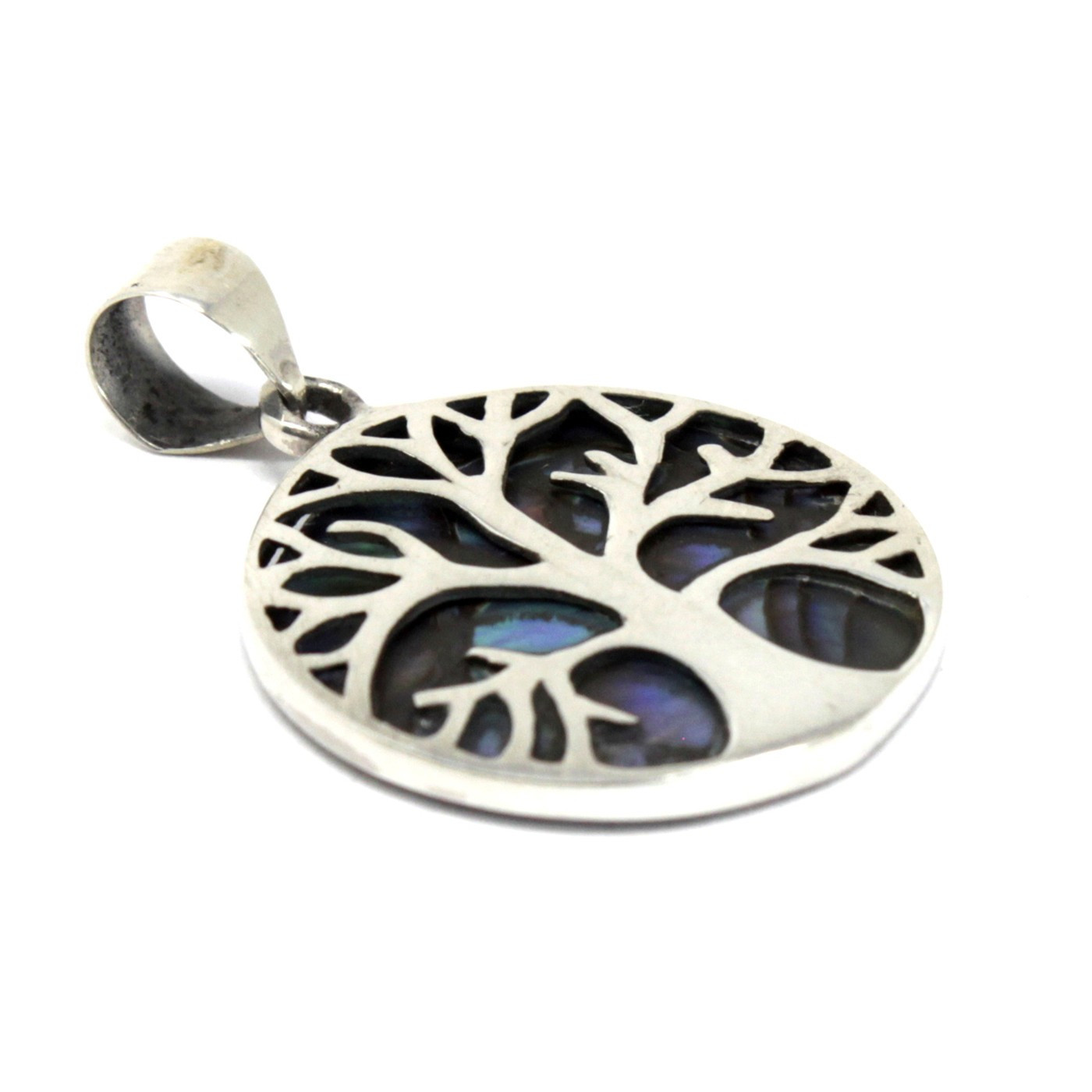 Pendentif en argent 925 - arbre de vie nacré vert bleu  - 22 mm