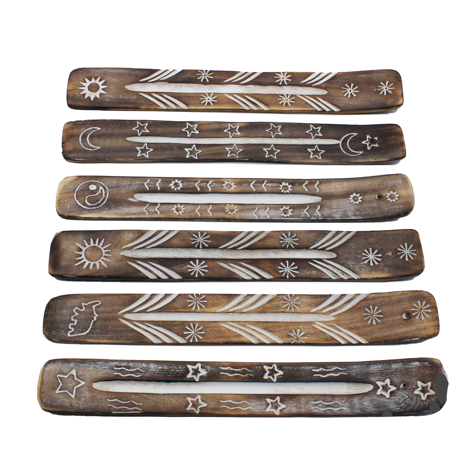 Porte encens en bois blanchis - motifs ethniques