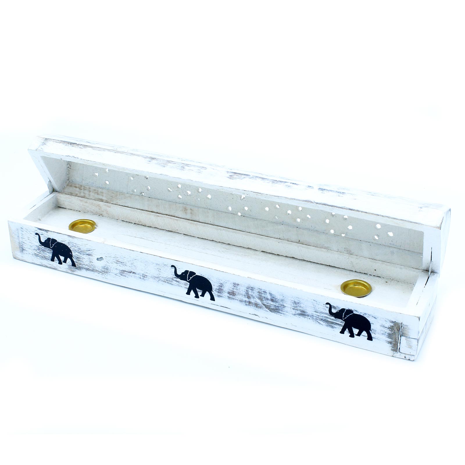 Porte encens en bois blanchis - coffre long éléphant
