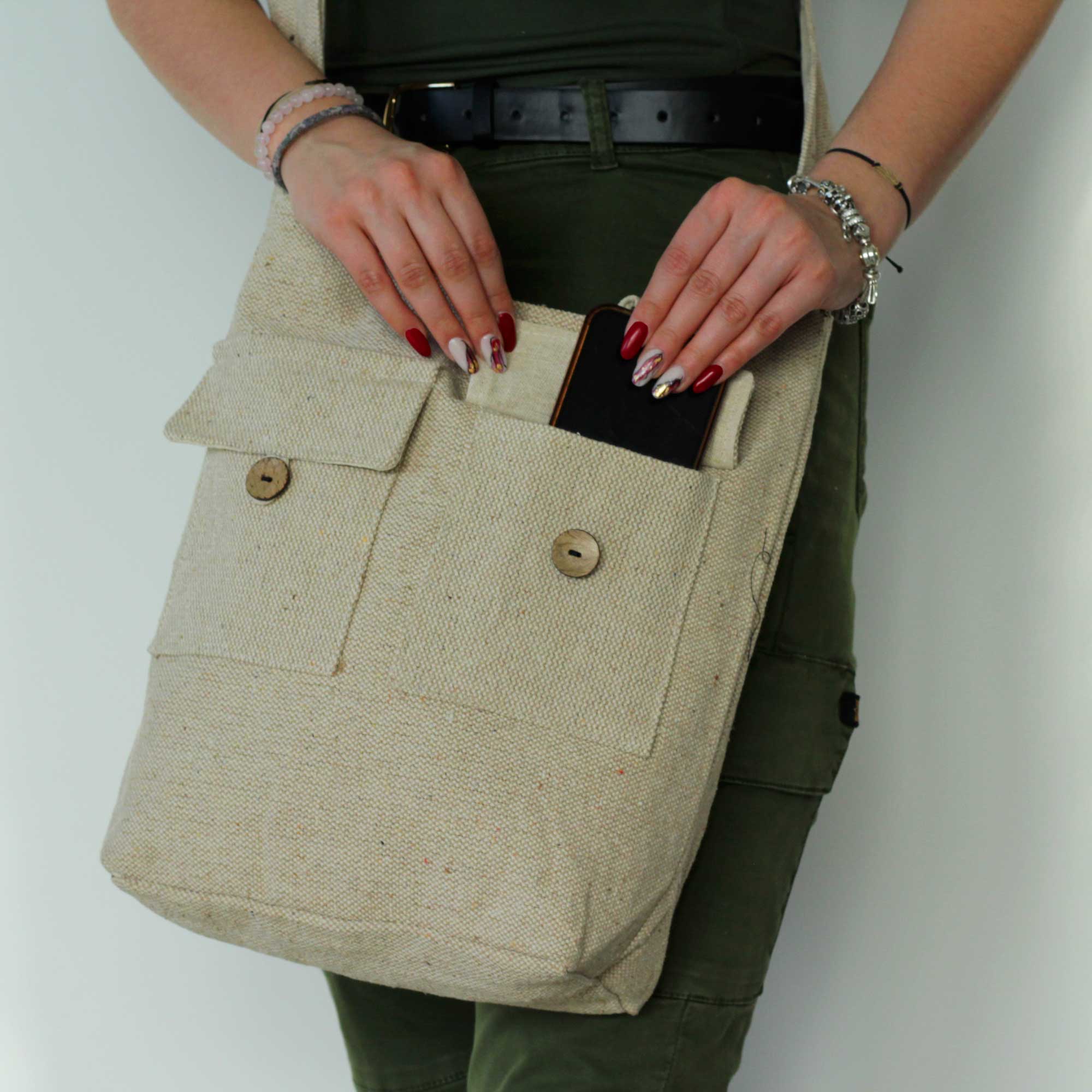 Grand sac bandoulière beige en coton - écolo chic 